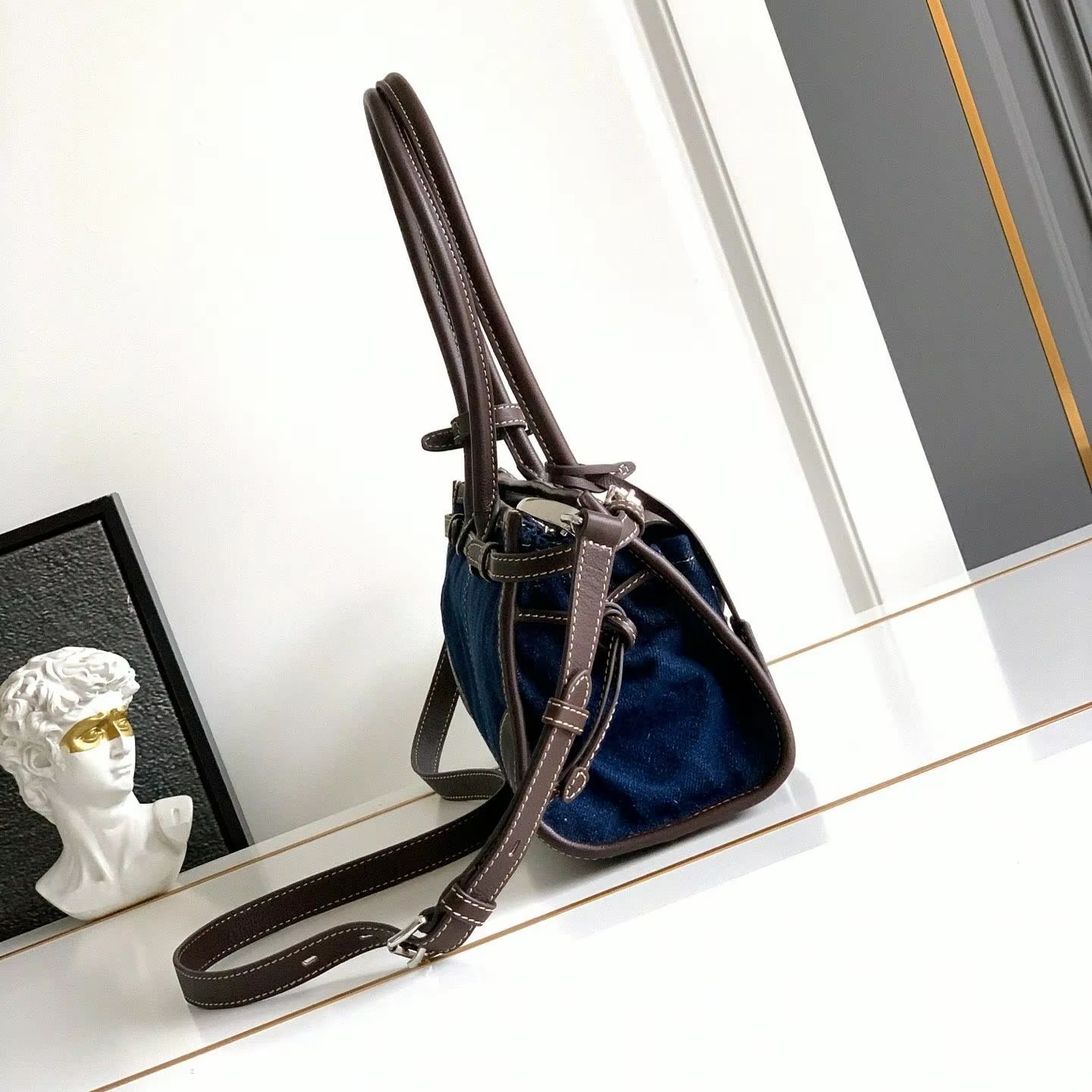 Luxury Bags Denim - Tas Tangan Mini Boston Kulit Denim,
